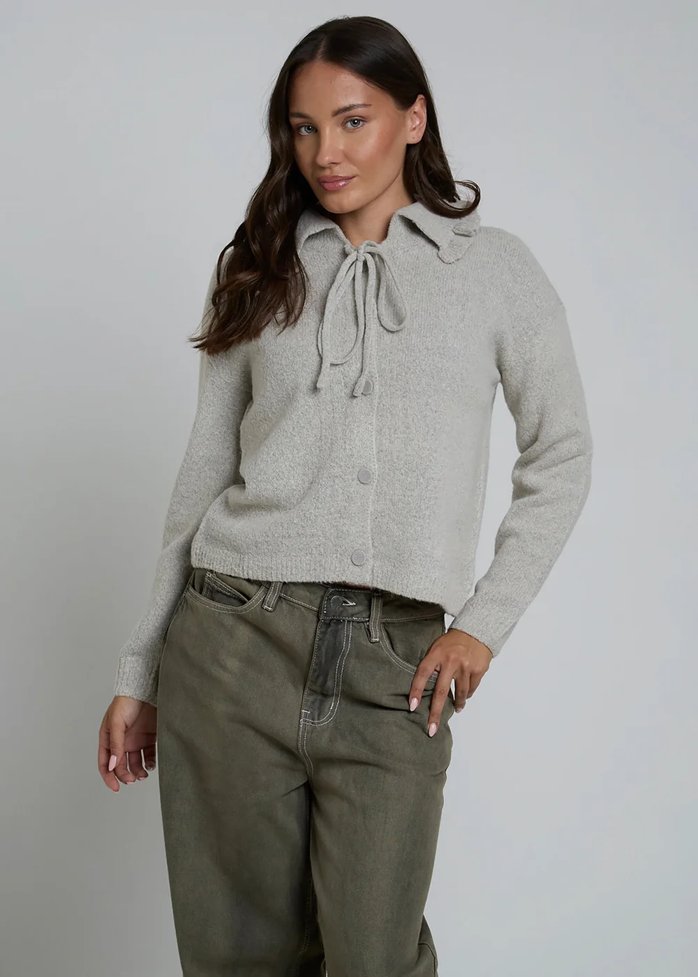 Wednesdays Girl Grey Ruffle Collared Long Sleeve Button Cardigan - S Image 5