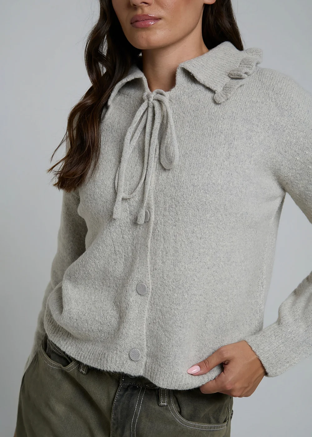 Wednesdays Girl Grey Ruffle Collared Long Sleeve Button Cardigan - S Image 3