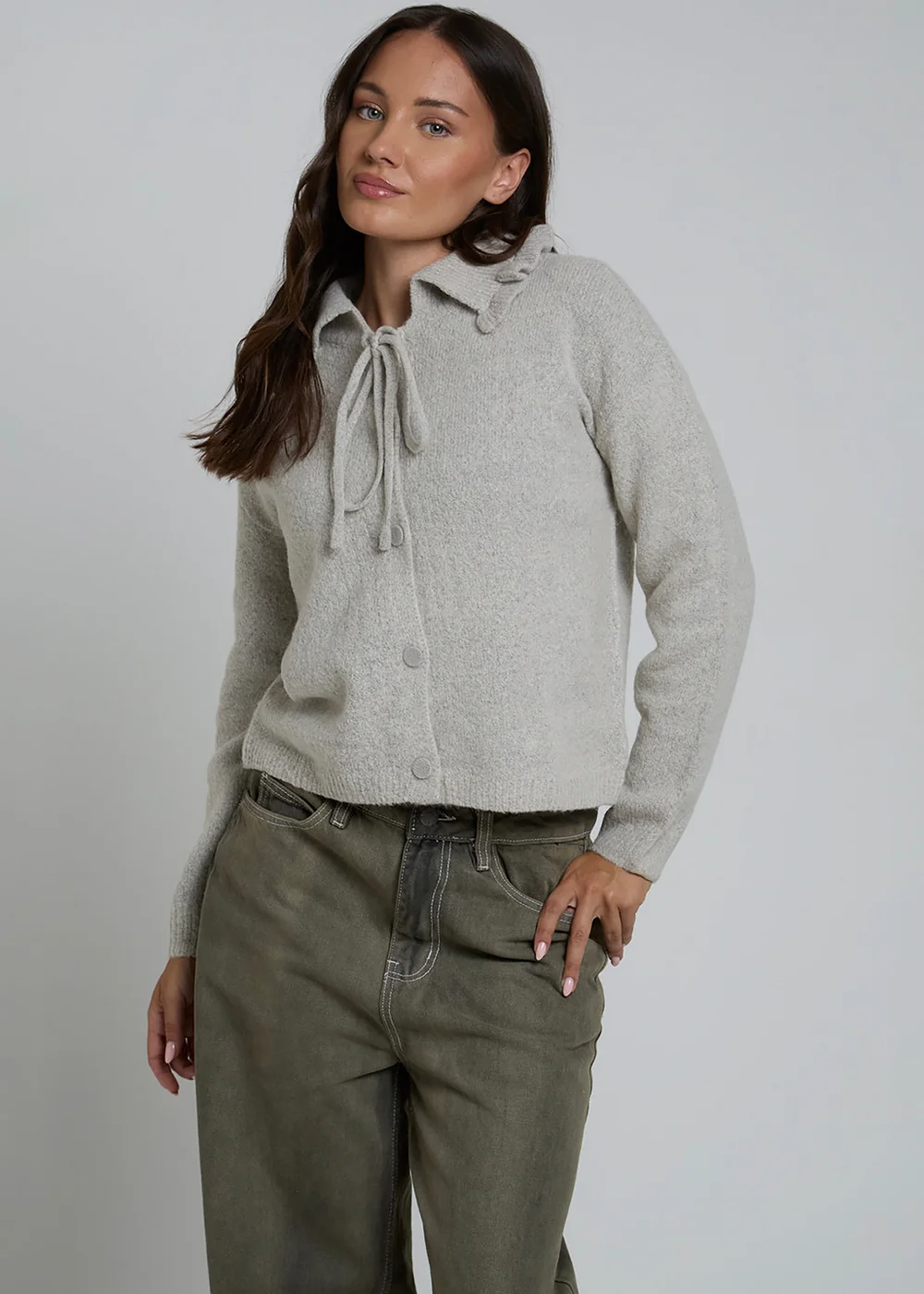 Wednesdays Girl Grey Ruffle Collared Long Sleeve Button Cardigan - S Image 1