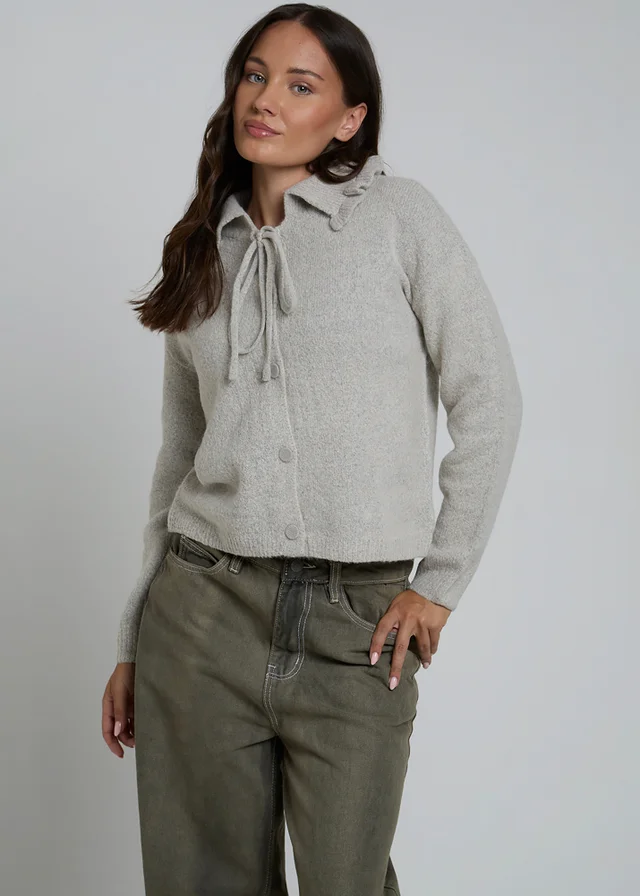 Wednesdays Girl Grey Ruffle Collared Long Sleeve Button Cardigan
