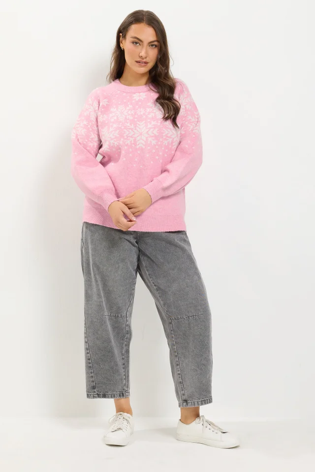 Yours Curve Pink Snowflake Fairisle Knitted Jumper