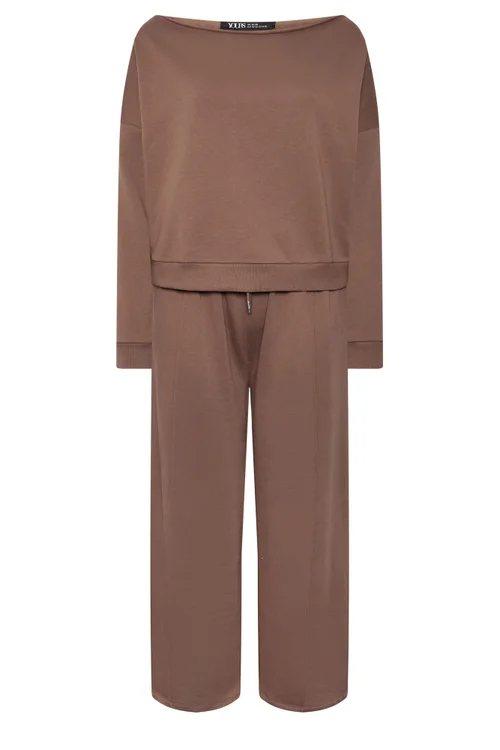 Yours Curve Brown Off Shoulder Sweatshirt & Jogger Wide Leg Set - 14-16/L28 Image 2