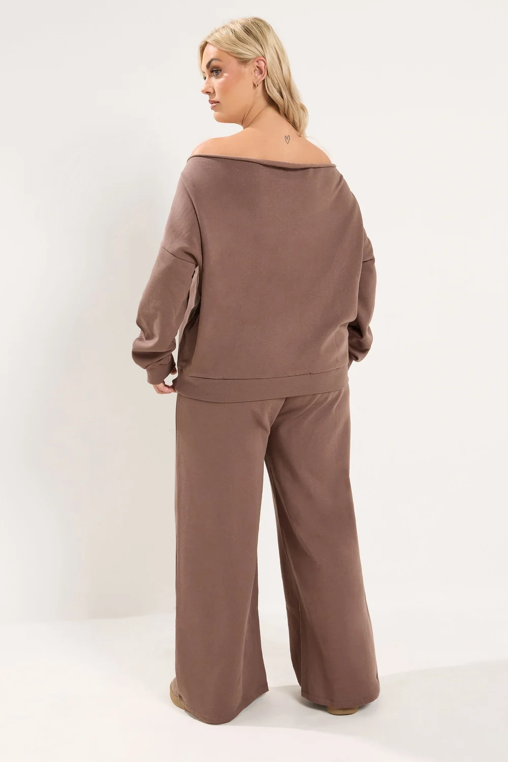 Yours Curve Brown Off Shoulder Sweatshirt & Jogger Wide Leg Set - 14-16/L28 Image 3
