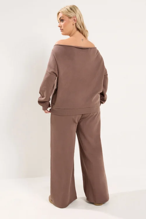 Yours Curve Brown Off Shoulder Sweatshirt & Jogger Wide Leg Set - 14-16/L28 Image 3