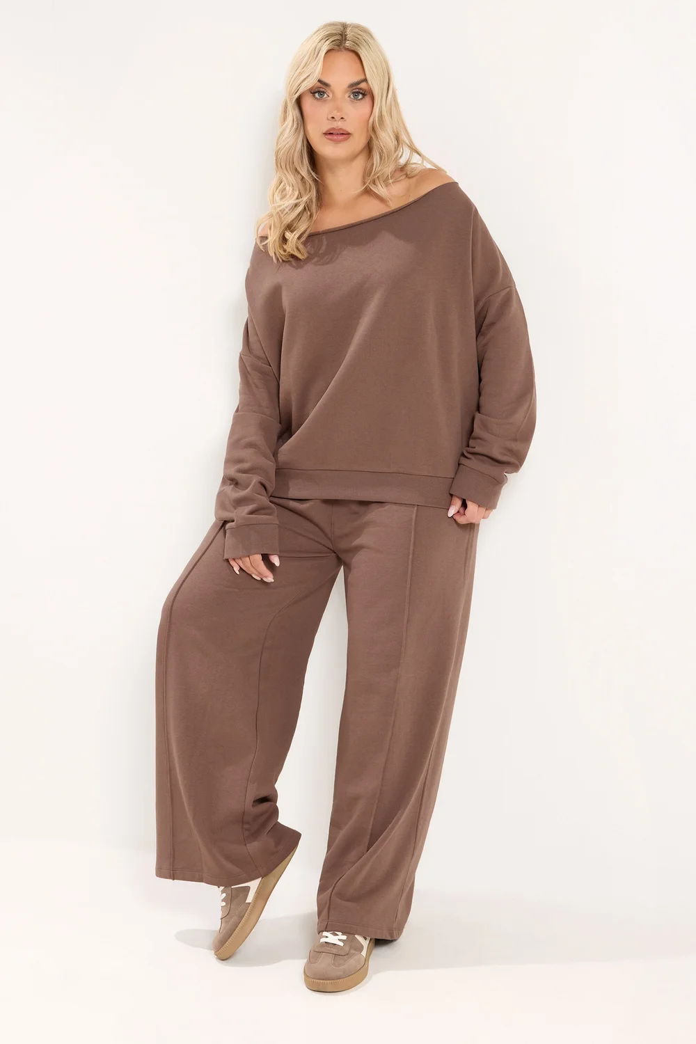 Yours Curve Brown Off Shoulder Sweatshirt & Jogger Wide Leg Set - 14-16/L28 Image 1