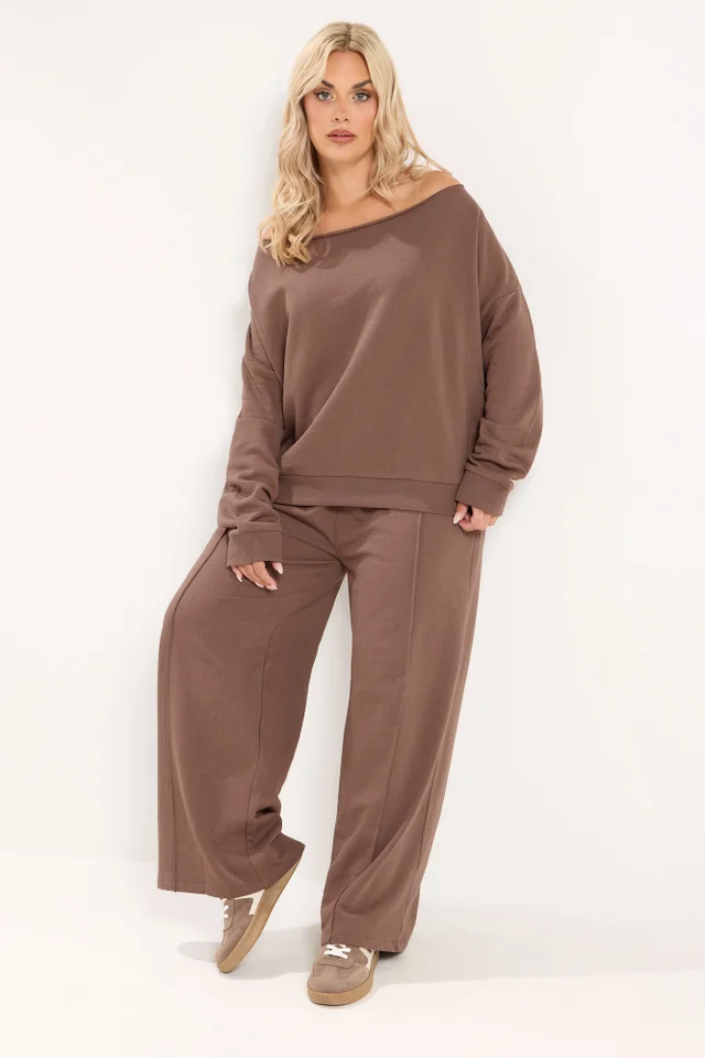 Yours Curve Brown Off Shoulder Sweatshirt & Jogger Wide Leg Set