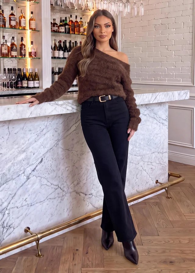 AX Paris Chocolate Animal Print Brushed Knit Off The Shoulder Jumper
