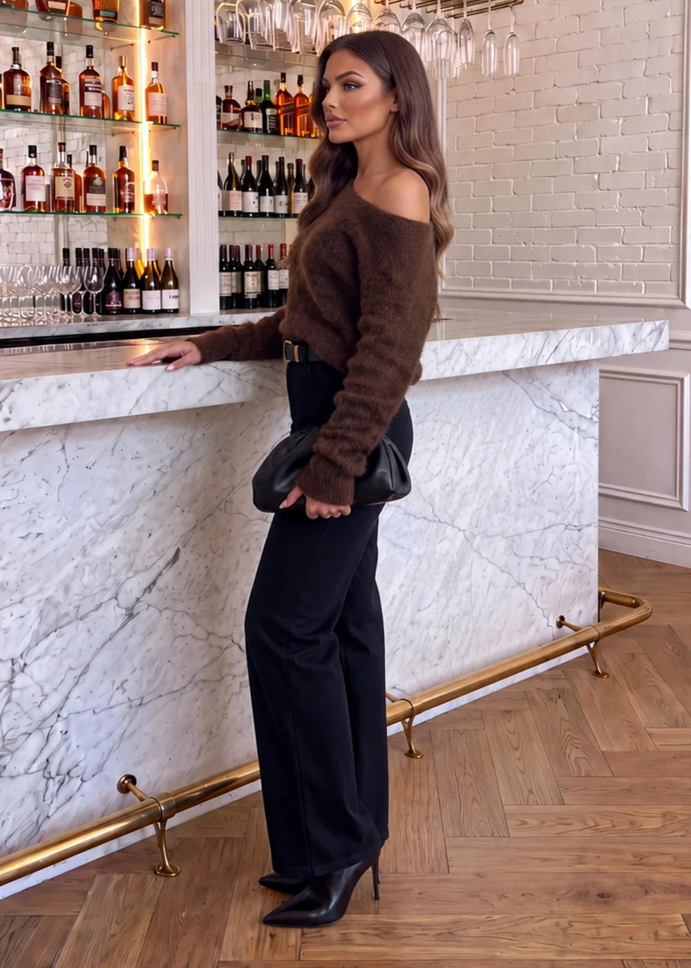 AX Paris Chocolate Animal Print Brushed Knit Off The Shoulder Jumper - S/M Image 3
