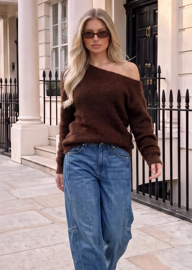 AX Paris Chocolate Brushed Knit Off The Shoulder Jumper
