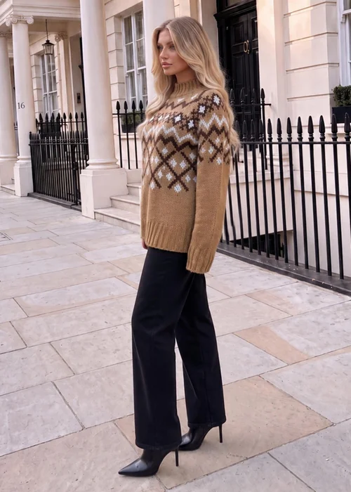 AX Paris Camel Fair Isle Mock Neck Knitted Jumper - M/L Image 3