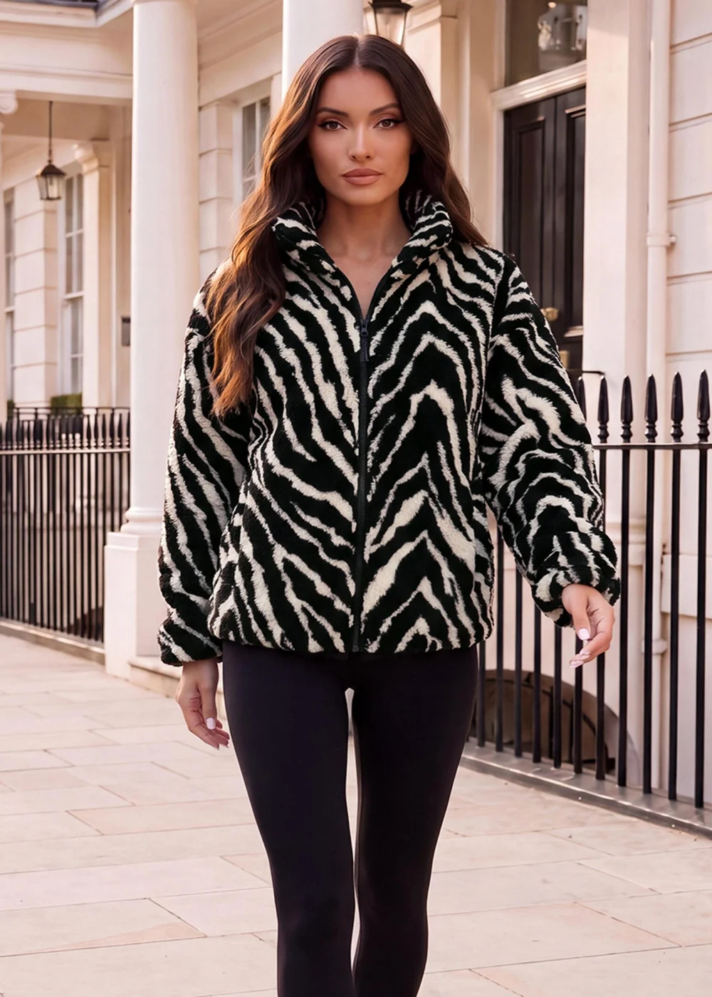 AX Paris Black & Cream Animal Print Zip-Up Teddy Jacket - S/M Image 1