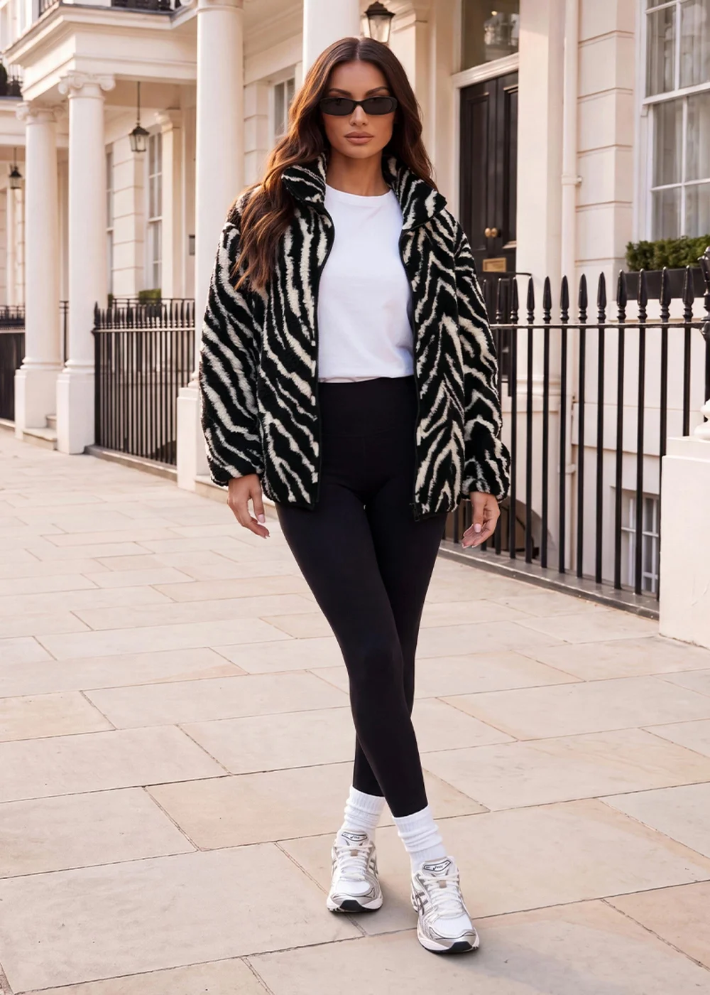 AX Paris Black & Cream Animal Print Zip-Up Teddy Jacket - S/M Image 2