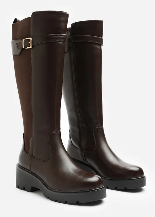 Where's That From Erelia Brown Wide Fit Stretch Panel Buckle Detail Wedge Boots - 8 Wide Image 3