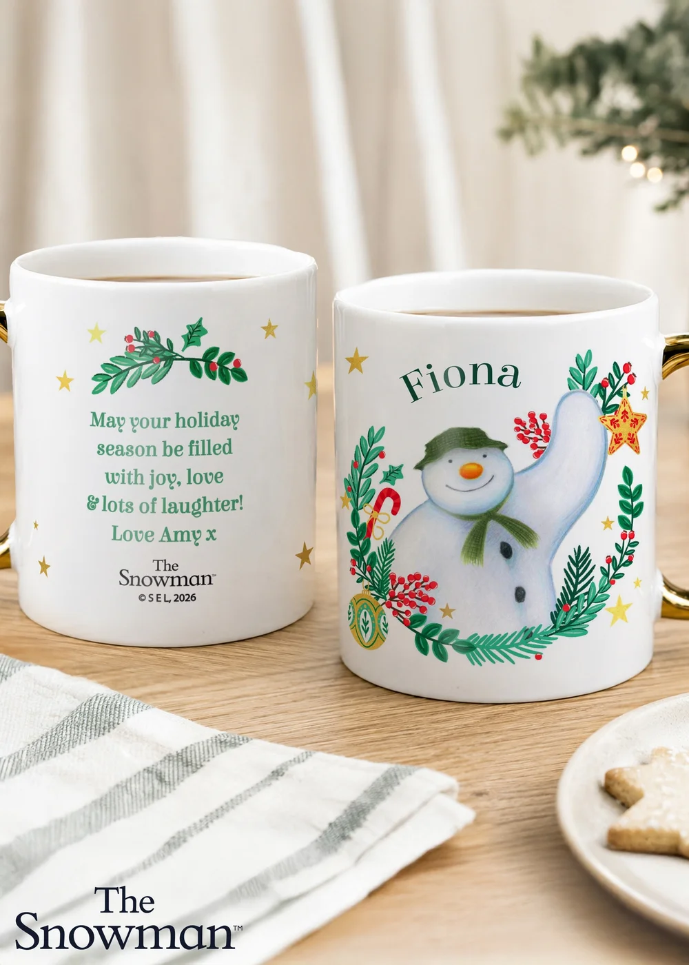 Personalised Memento Company White The Snowman Christmas Wishes Gold Handle Mug - One Size Image 2