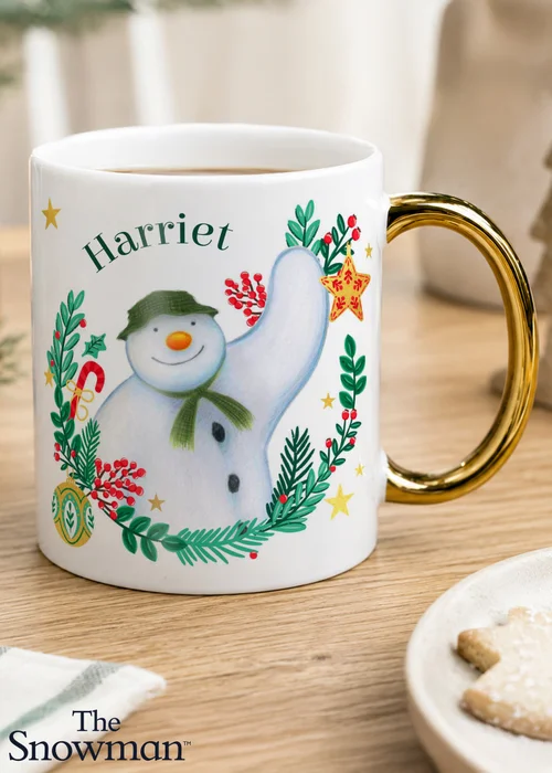 Personalised Memento Company White The Snowman Christmas Wishes Gold Handle Mug - One Size Image 1