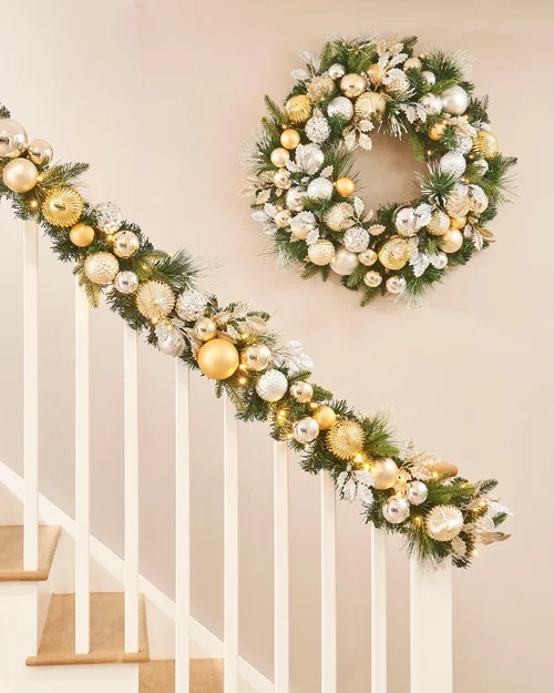 WeRChristmas Multi-Colour Pre-Lit Artificial Christmas Garland With Silver & Gold Baubles 100 Warm White Leds 9 Ft - No Size Image 2