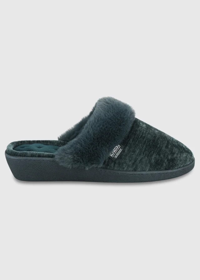 Totes Isotoner Green Sparkle Heeled Mule Slippers