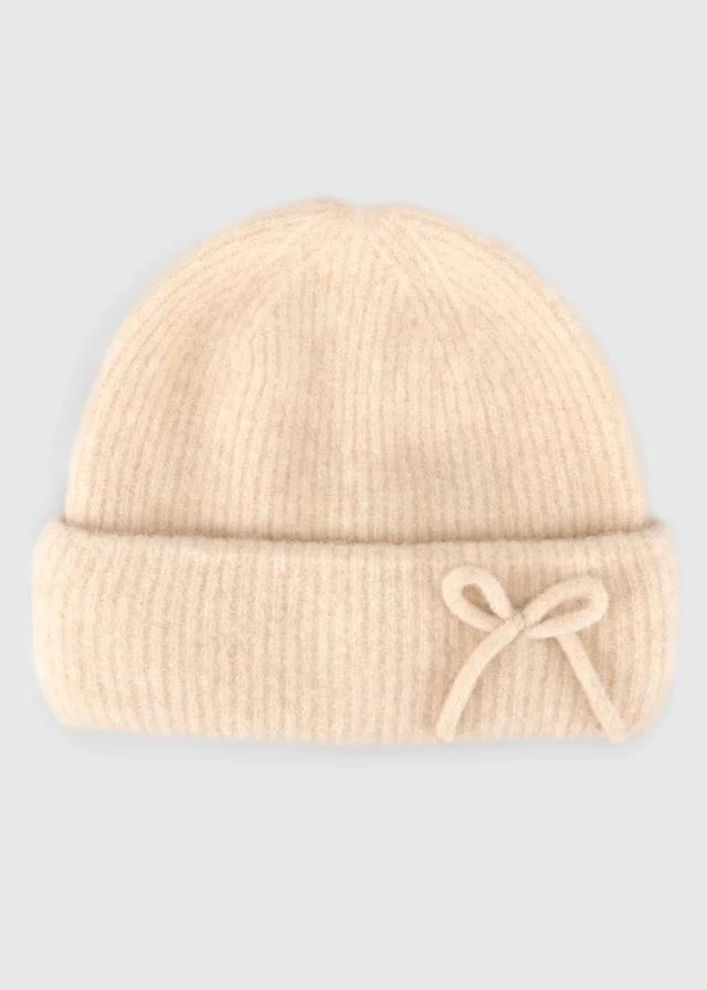 Totes Isotoner Beige Wool Blend Knitted Beanie Hat with Bow