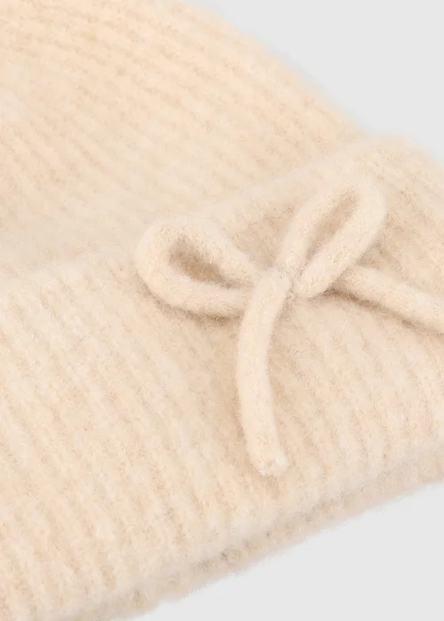 Totes Isotoner Beige Wool Blend Knitted Beanie Hat with Bow - One Size Image 3