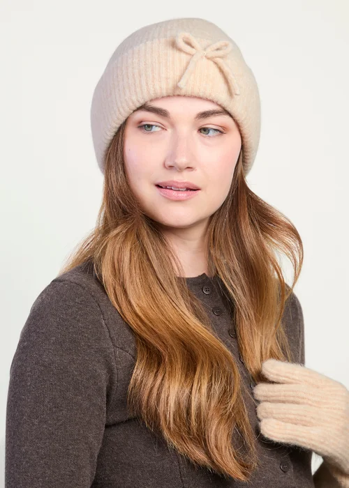 Totes Isotoner Beige Wool Blend Knitted Beanie Hat with Bow - One Size Image 2