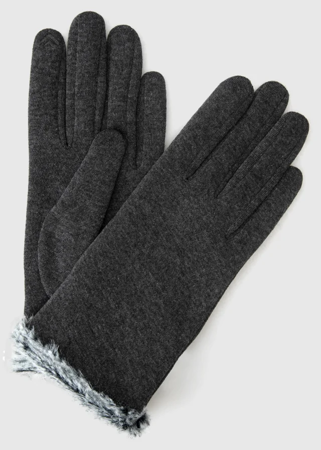 Totes Isotoner Grey Thermal Gloves with Faux Fur Trim and Smartouch