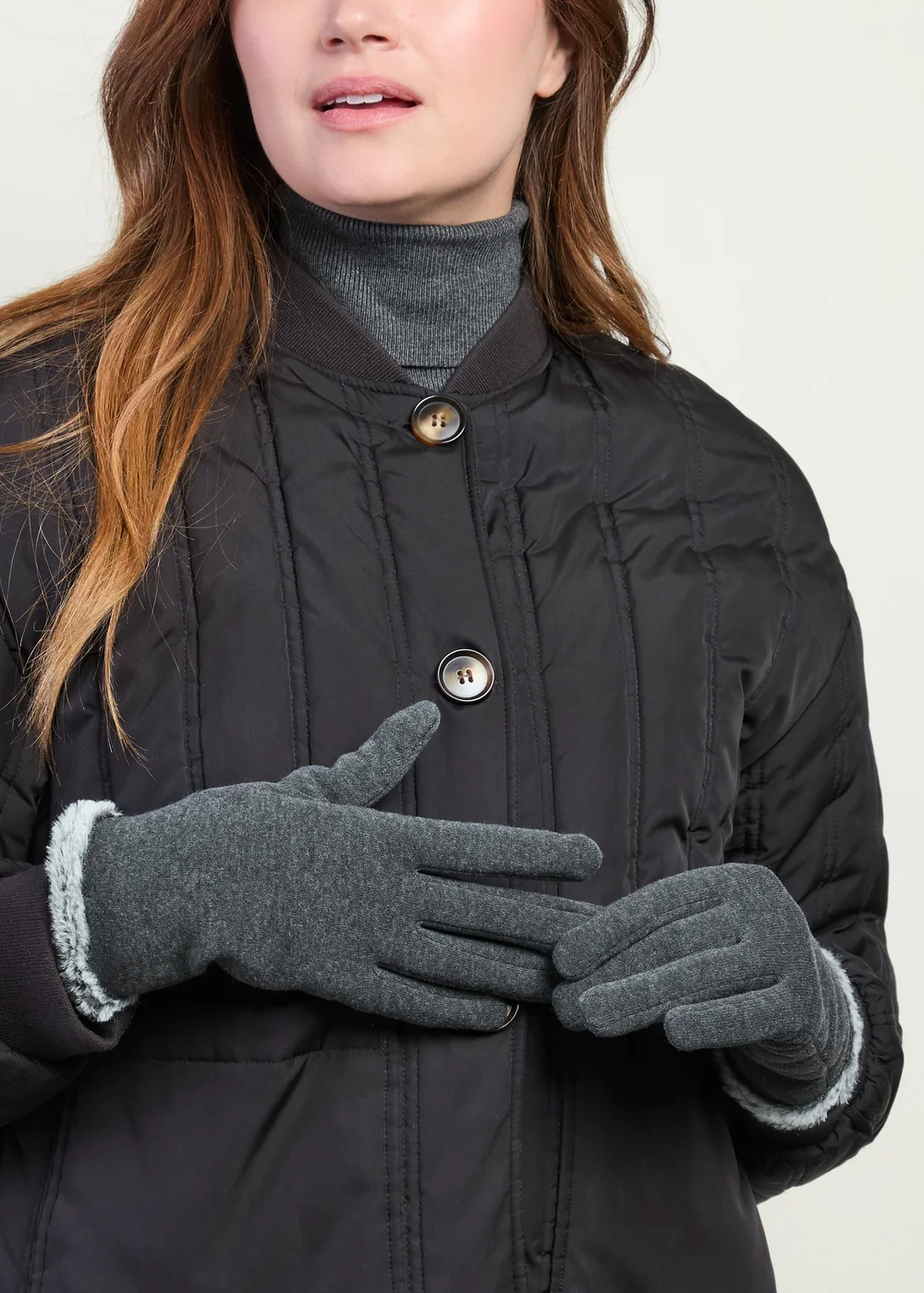 Totes Isotoner Grey Thermal Gloves with Faux Fur Trim and Smartouch - One Size Image 2