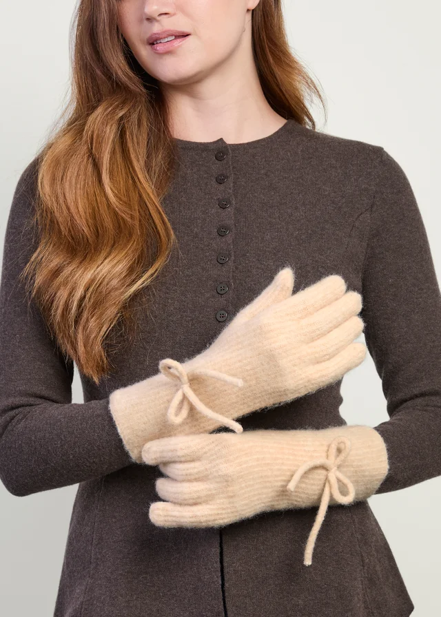 Totes Isotoner Beige Wool Blend Knitted Gloves with Bow