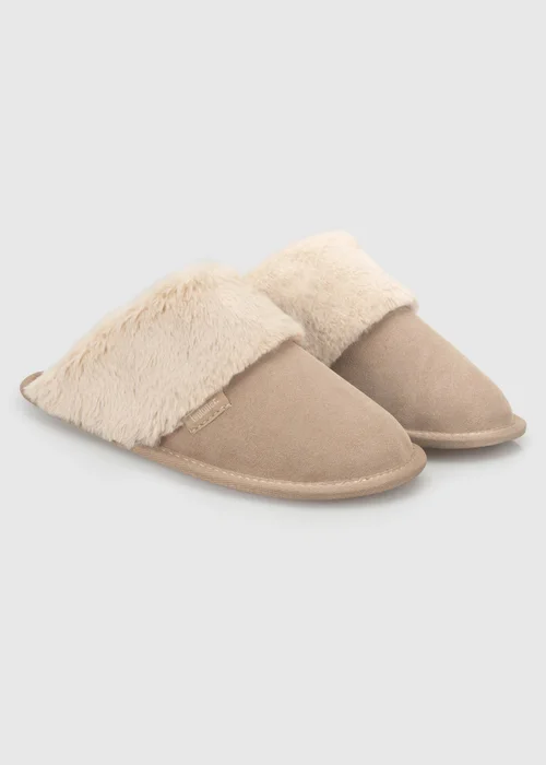 Totes Isotoner Natural Sand Suede Mule Slippers with Faux Fur Lining - 5 Image 4