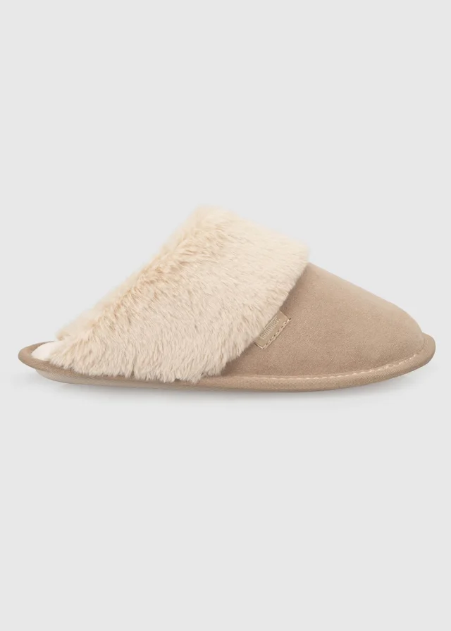 Totes Isotoner Natural Sand Suede Mule Slippers with Faux Fur Lining