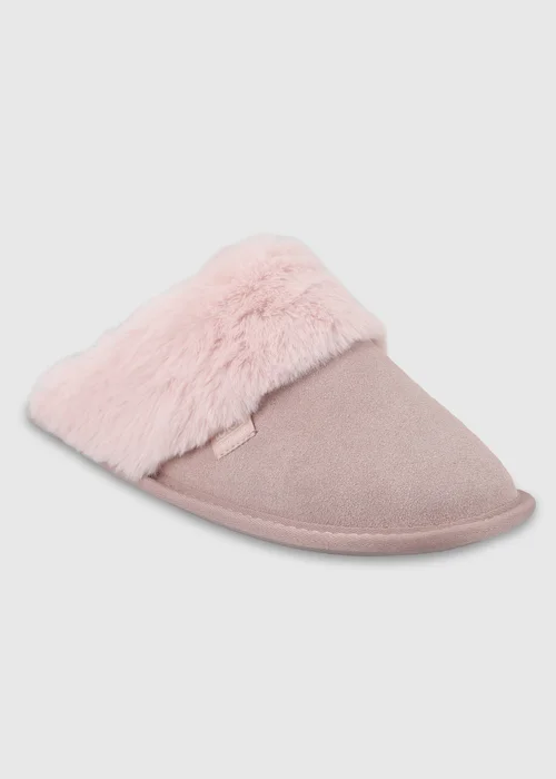 Totes Isotoner Pink Suede Mule Slippers with Faux Fur Lining - 6 Image 3