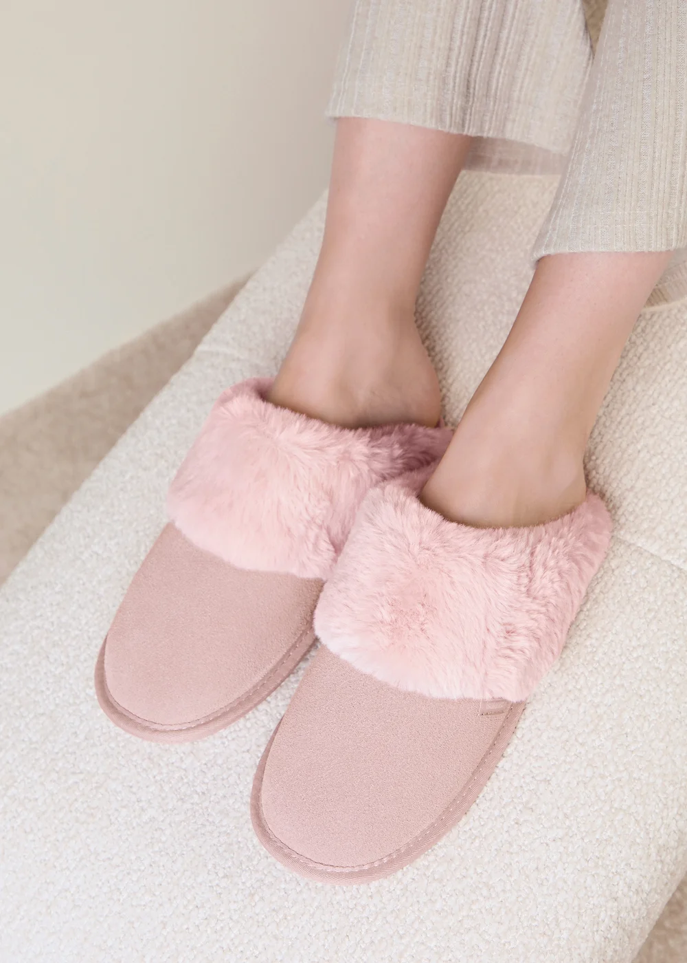Totes Isotoner Pink Suede Mule Slippers with Faux Fur Lining - 6 Image 2