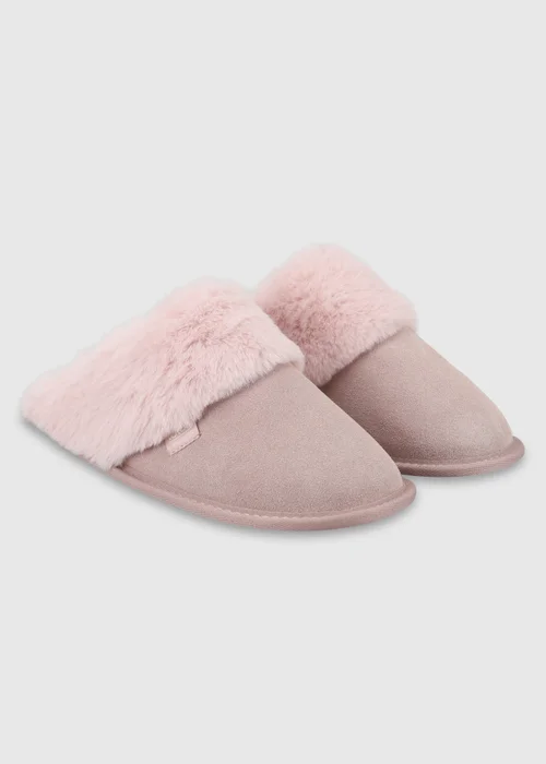 Totes Isotoner Pink Suede Mule Slippers with Faux Fur Lining - 6 Image 4