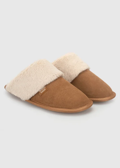 Totes Isotoner Brown Suede Mule Slippers with Faux Fur Lining - 6 Image 3