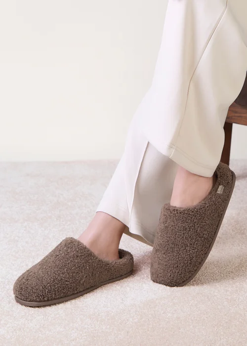 Totes Isotoner Brown Borg Swept Back Mule Slippers - 7 Image 2