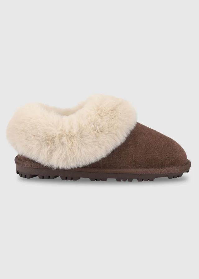 Totes Isotoner Brown Suede Boot Slipper with Faux Fur Cuff