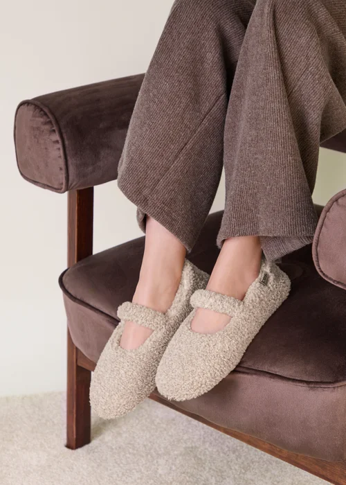 Totes Isotoner Natural Oat Borg Mary Jane Ballet Slippers - 7 Image 2