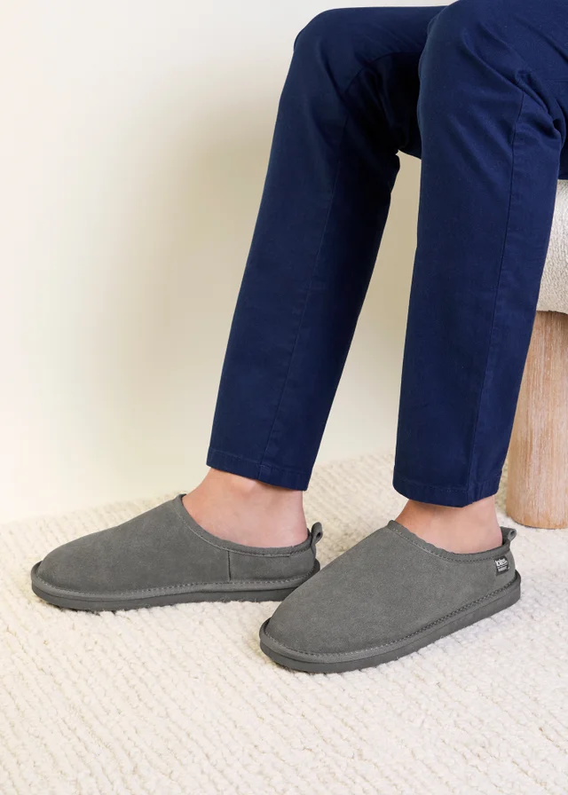 Totes Isotoner Grey Suede Mule Slippers with Borg Lining