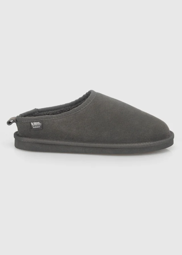 Totes Isotoner Grey Suede Mule Slippers with Borg Lining