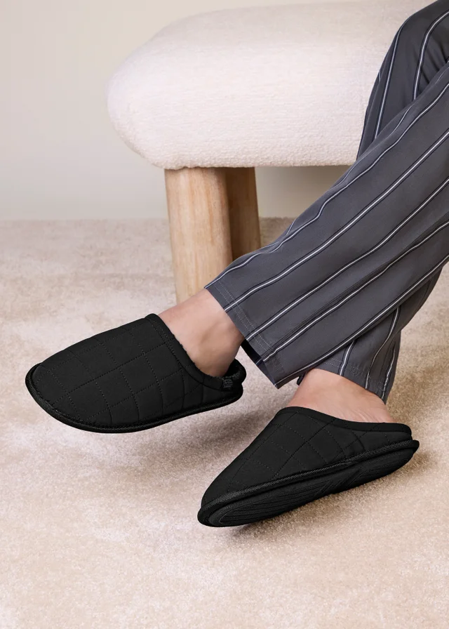 Totes Isotoner Black Quilted Mule Slippers