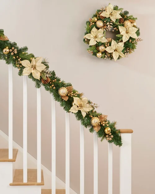 WeRChristmas Multi-Colour Pre-Lit Decorated Cream & Gold Christmas Garland With 30 Chasing Leds & Timer 6 Ft - No Size Image 3