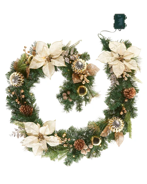WeRChristmas Multi-Colour Pre-Lit Decorated Cream & Gold Christmas Garland With 30 Chasing Leds & Timer 6 Ft - No Size Image 1