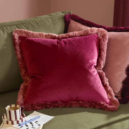 Furn Halo Fringed Velvet 50cm x 50cm Cushions BURGUNDY/SLIPPER - 50cm x 50cm Image 1