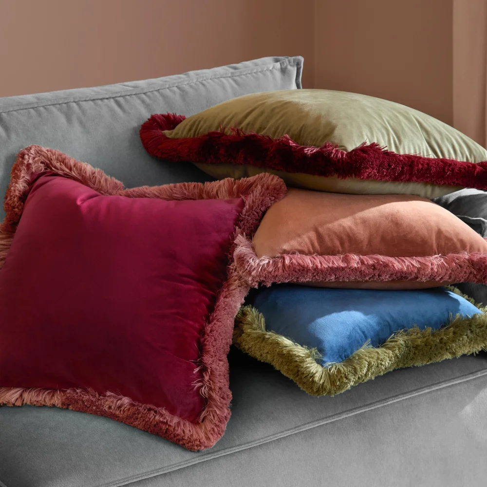 Furn Halo Fringed Velvet 50cm x 50cm Cushions BURGUNDY/SLIPPER - 50cm x 50cm Image 4