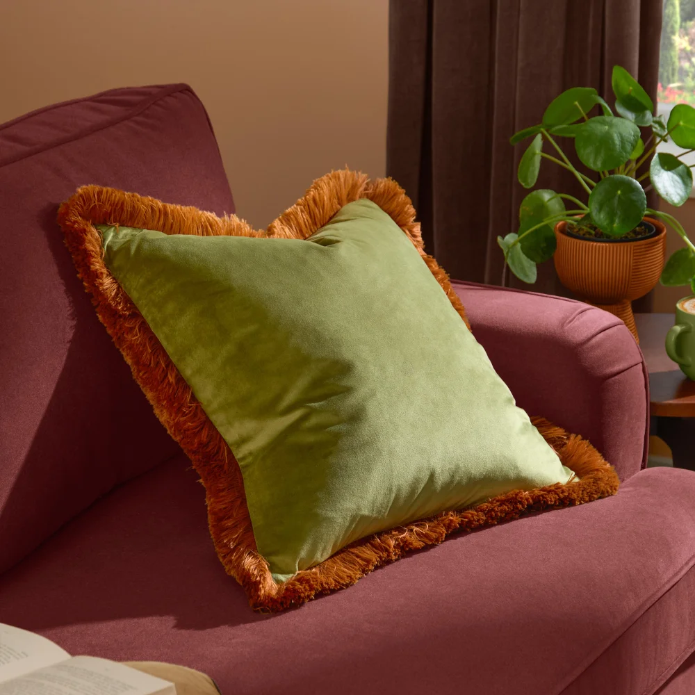 Furn Halo Fringed Velvet 50cm x 50cm Cushions OLIVE/GINGER - 50cm x 50cm Image 1
