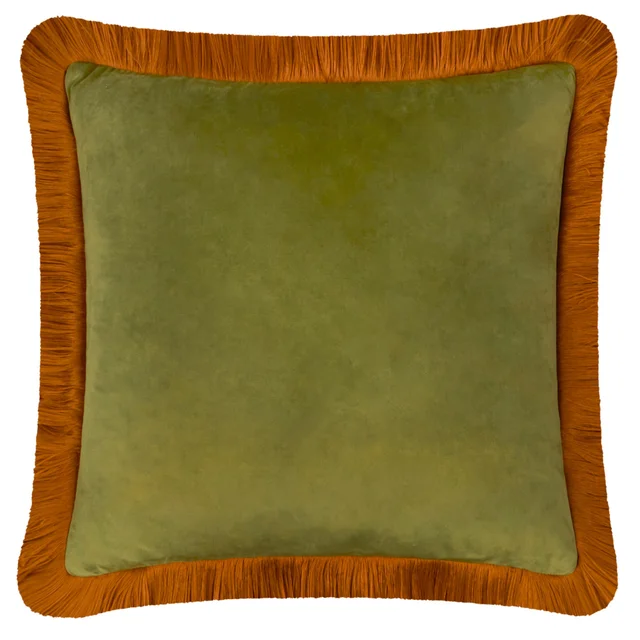 Furn Halo Fringed Velvet 50cm x 50cm Cushions OLIVE/GINGER