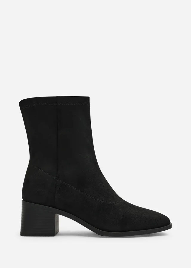 Where's That From Fioren Black Faux Suede Square Low Block Heel Stretch Ankle Sock Boot