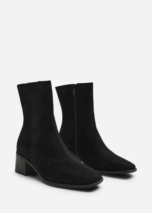Where's That From Fioren Black Faux Suede Square Low Block Heel Stretch Ankle Sock Boot - 4 Image 4