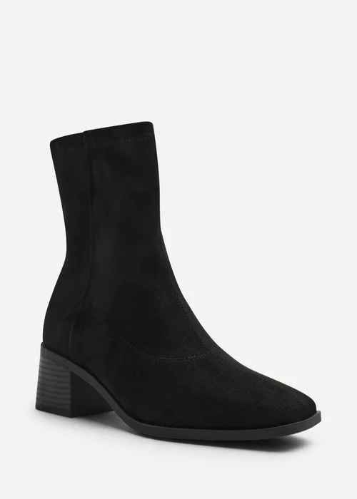 Where's That From Fioren Black Faux Suede Square Low Block Heel Stretch Ankle Sock Boot - 4 Image 3