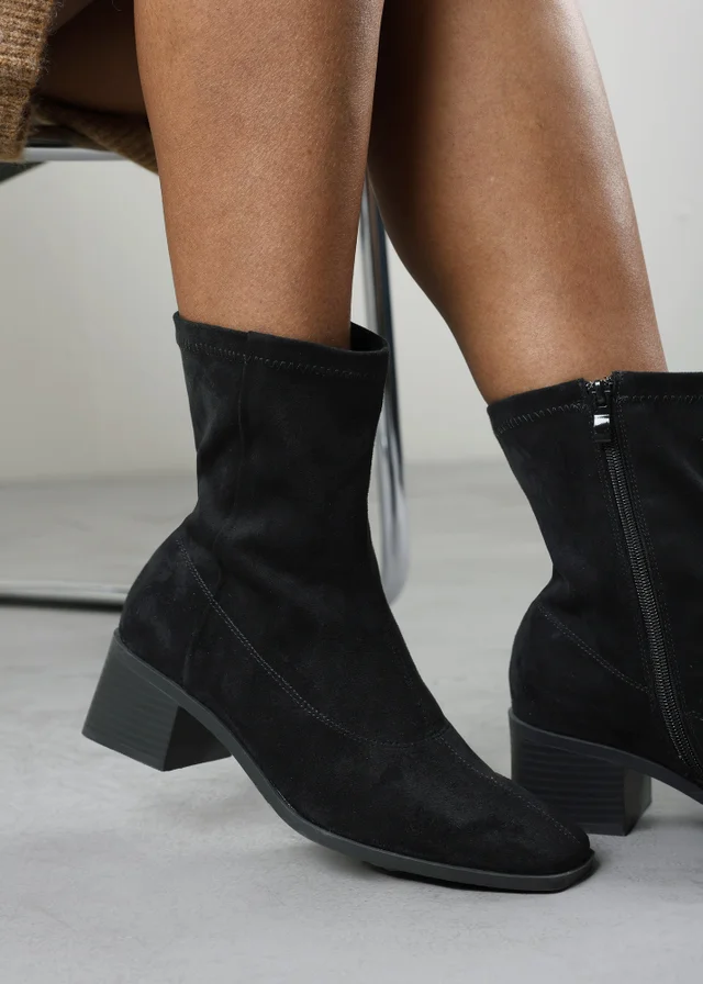 Where's That From Fioren Black Faux Suede Square Low Block Heel Stretch Ankle Sock Boot