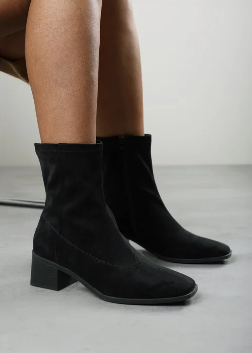 Where's That From Fioren Black Faux Suede Square Low Block Heel Stretch Ankle Sock Boot - 4 Image 6